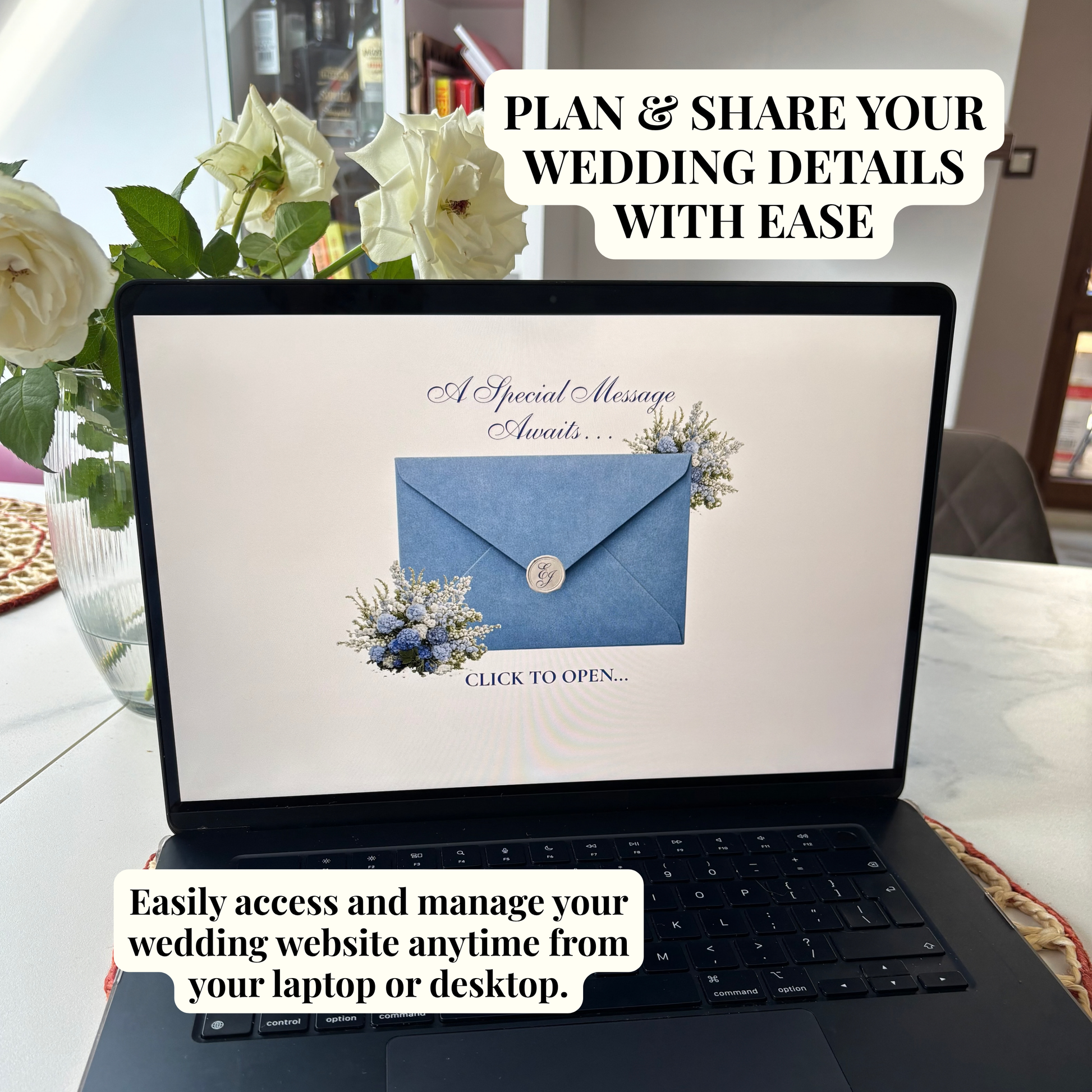 A laptop on a table displaying a wedding website with a blue envelope graphic and text reading 'A Special Message awaits.