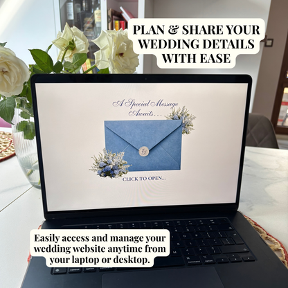 A laptop on a table displaying a wedding website with a blue envelope graphic and text reading 'A Special Message awaits.