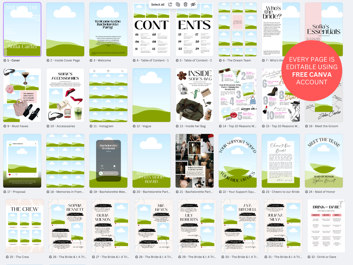 A collage grid showing multiple wedding invitation and stationery page designs with a consistent color scheme of sky blue, white, and green hills. A large pink circular badge on the right reads 'EVERY PAGE IS EDITABLE USING FREE CANVA ACCOUNT'.