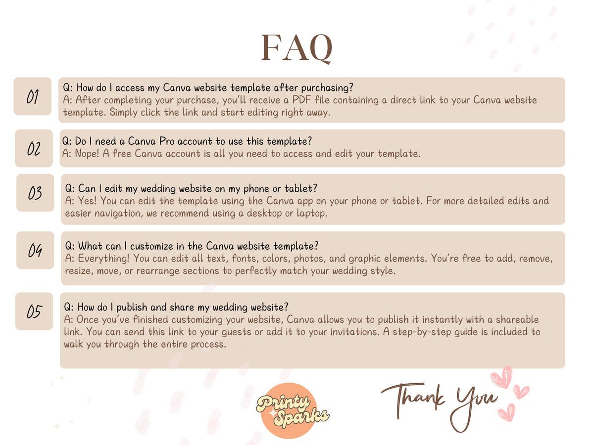 A FAQ informational graphic with five question-and-answer boxes on a white background with a soft pink floral border. The header reads 'FAQ' and the bottom includes a 'Thank You' note and a circular 'Printable Wedding' logo.