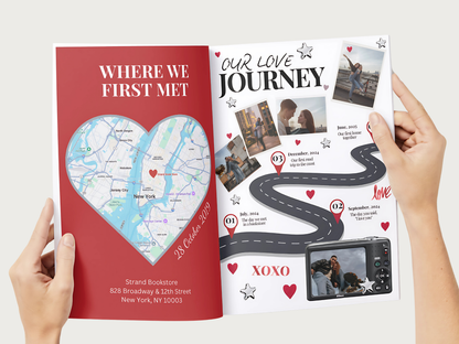 A person holds open a printed personalized photo album or scrapbook book. The left page is red with a heart-shaped map and the text 'WHERE WE FIRST MET'; the right page is white with photos, a winding road graphic, dates, and 'OUR LOVE JOURNEY'.