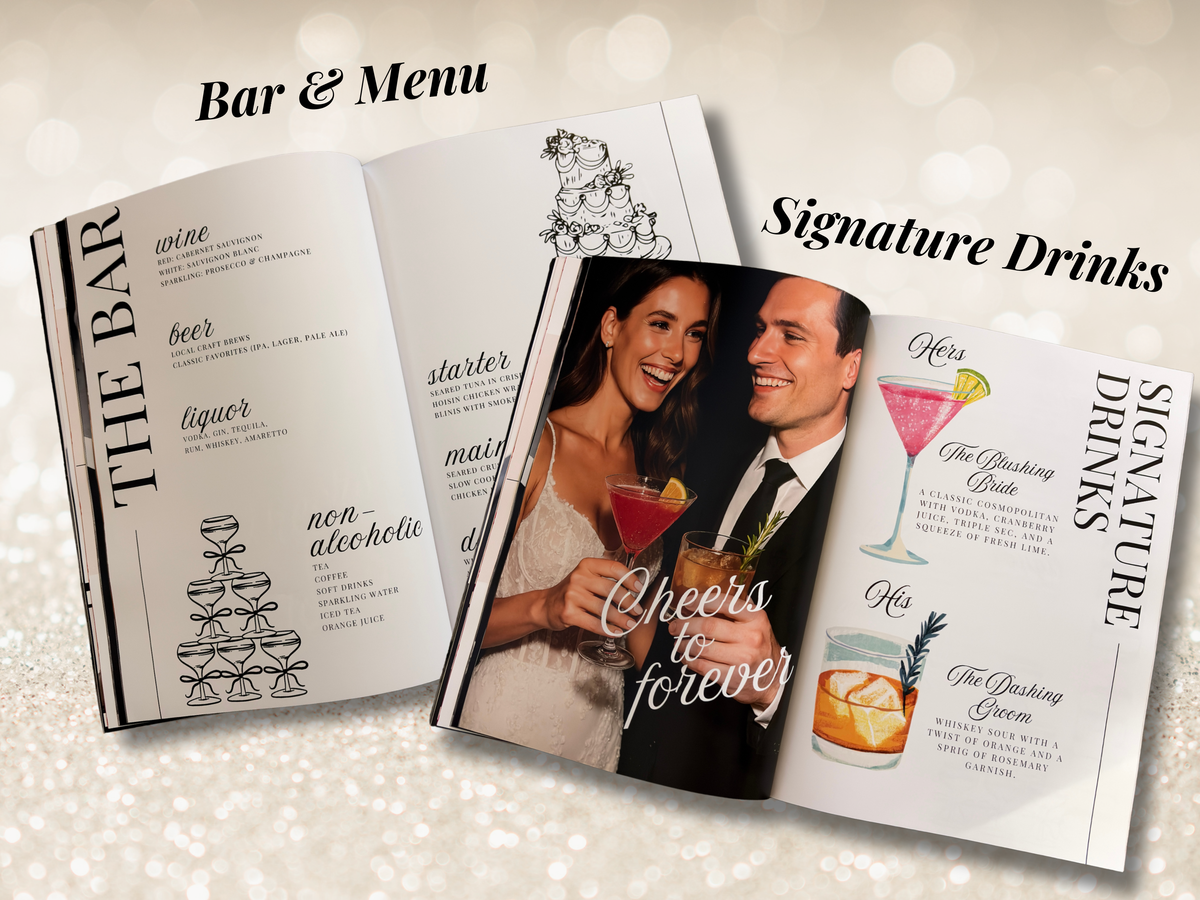An open printed bar and menu booklet displayed on a light glittery background, with text reading 'Bar & Menu' and 'Signature Drinks.' The booklet shows printed cocktail and drink illustrations, plus a central wedding-style photo of a smiling couple holding drinks.