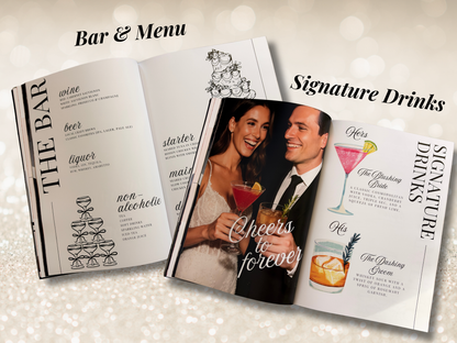 An open printed bar and menu booklet displayed on a light glittery background, with text reading 'Bar & Menu' and 'Signature Drinks.' The booklet shows printed cocktail and drink illustrations, plus a central wedding-style photo of a smiling couple holding drinks.