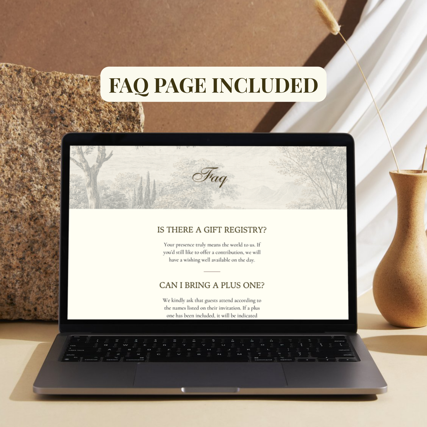 A laptop on a tabletop displaying an FAQ webpage, with a large text overlay reading 'FAQ PAGE INCLUDED.' The scene is styled with a textured stone vase, a ceramic vase, and soft neutral decor in the background.