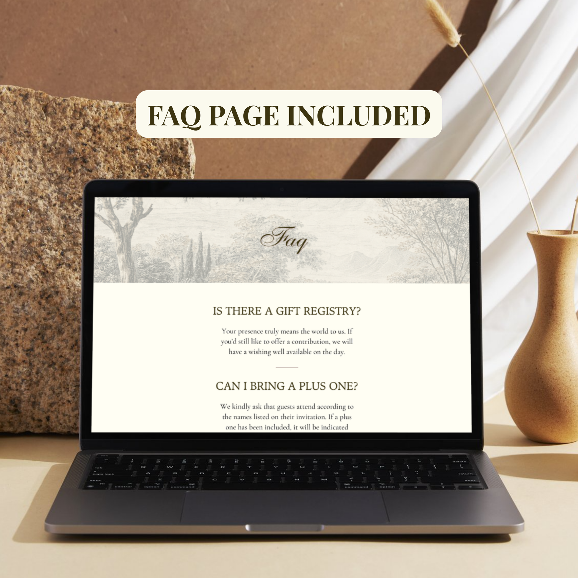 A laptop on a tabletop displaying an FAQ webpage, with a large text overlay reading 'FAQ PAGE INCLUDED.' The scene is styled with a textured stone vase, a ceramic vase, and soft neutral decor in the background.