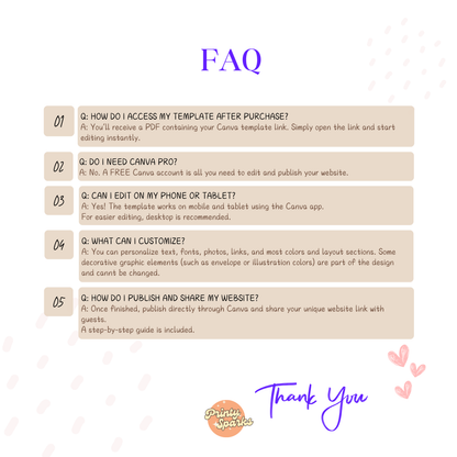 A digital FAQ graphic with five questions and answers about accessing a Canva template after purchase, editing options, customization, and publishing. The text is arranged on a white background with a purple title 'FAQ' at the top and a 'Thank You' message with small hearts at the bottom.