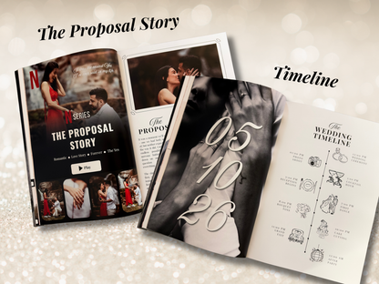 Three open wedding invitation or proposal story booklet pages arranged on a light glittery background. Visible text includes 'The Proposal Story,' 'Timeline,' and 'The Wedding Timeline.