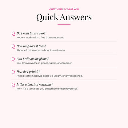 A digital graphic with a pale pink background featuring a 'Quick Answers' section with five common questions and their answers in black text, with some questions highlighted in pink with a pink question mark icon.