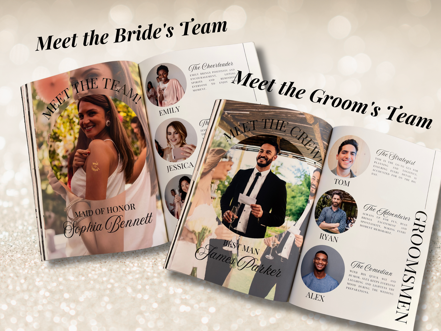 Two open wedding invitation booklet pages displayed on a light glittery background, with overlaid text reading 'Meet the Bride's Team' and 'Meet the Groom's Team.' The pages feature printed portraits, names, and roles such as Best Man, Best Woman, and Groomsmen.