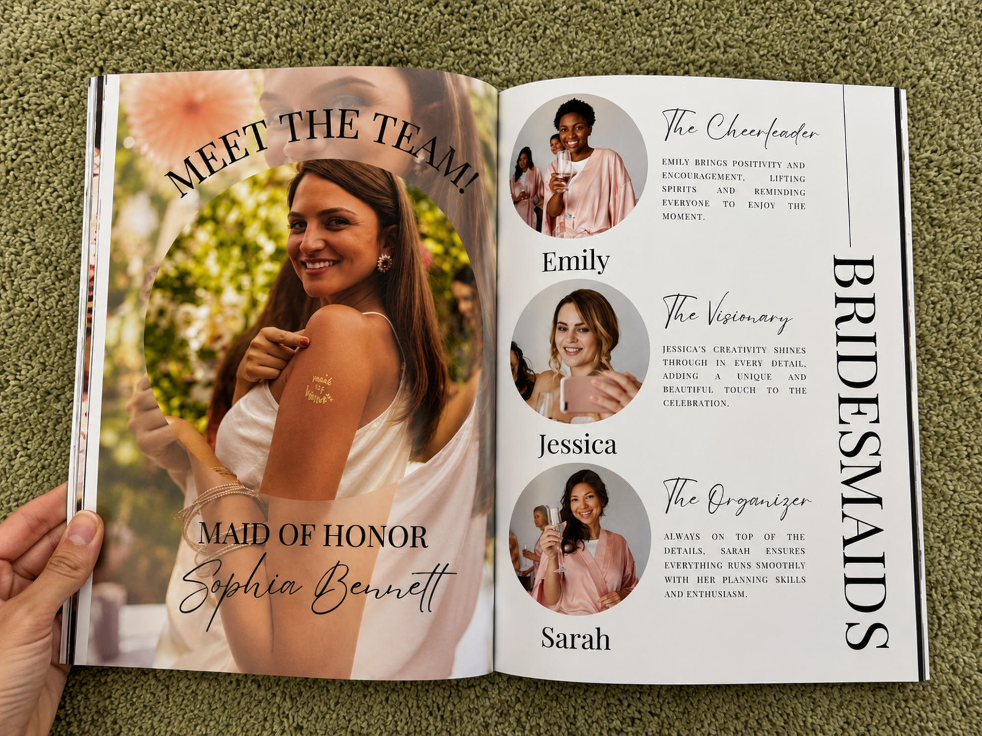 An open printed bridal party magazine or booklet laid on a green textured surface, showing two spread pages with photos and text for bridesmaids including Emily, Jessica, and Sarah, plus a large portrait of Sophia Bennett.