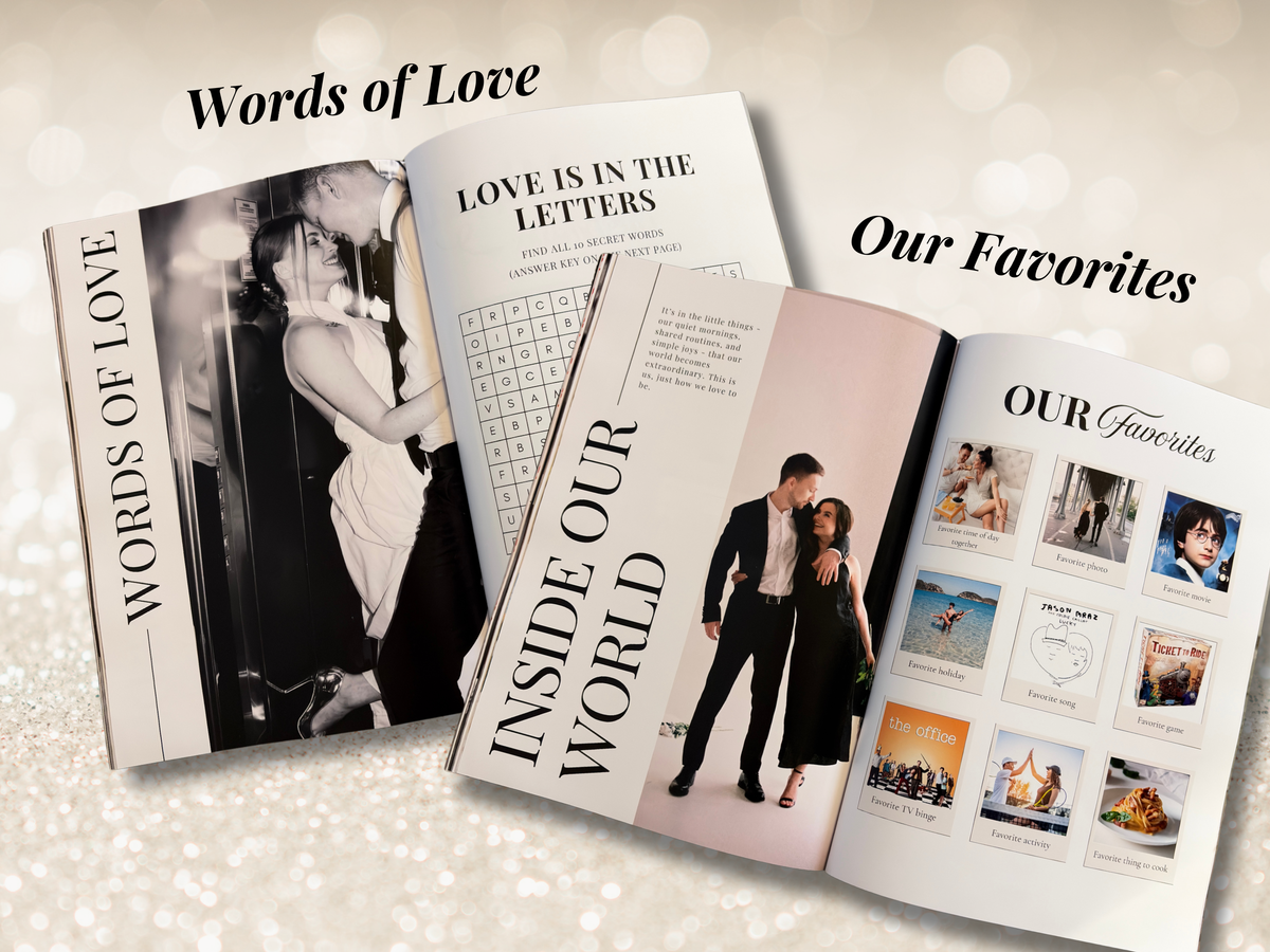 Three open printed magazine or booklets displayed on a light glittery background, with visible pages titled 'Words of Love,' 'Love is in the Letters,' 'Inside Our World,' and 'Our Favorites.' No person or real environment is present; this is a styled product display.