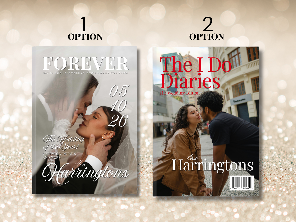 Two wedding magazine/booklet cover options displayed side by side on a glittery beige background. Option 1 is titled 'FOREVER' with a soft grayscale photo of a couple, and Option 2 is titled 'The I Do Diaries' with a color photo of a couple outdoors.