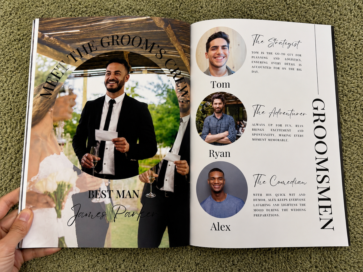 An open printed wedding guest book or magazine spread held by hands, showing a large photo of a groom on the left page and three groomsmen portraits with names and short bios on the right page, placed on a green textured surface.
