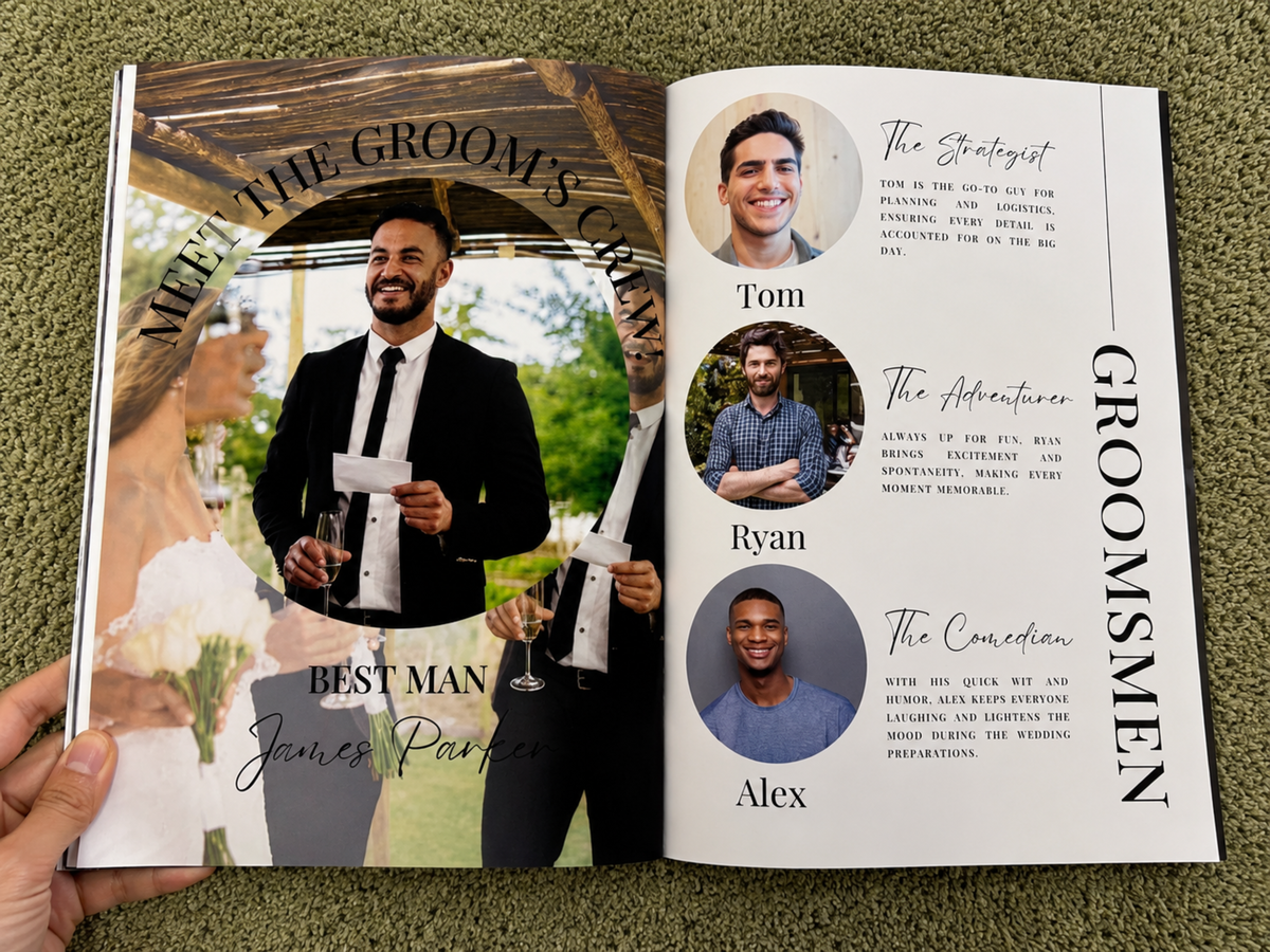 An open printed wedding guest book or magazine spread held by hands, showing a large photo of a groom on the left page and three groomsmen portraits with names and short bios on the right page, placed on a green textured surface.