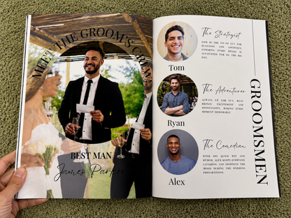 An open printed wedding guest book or magazine spread held by hands, showing a large photo of a groom on the left page and three groomsmen portraits with names and short bios on the right page, placed on a green textured surface.