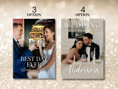 Two wedding magazine cover options displayed side by side on a glittery beige background. The left option is labeled '3 OPTION' and shows a couple clinking glasses with the headline 'BEST DAY EVER Emily & James'.