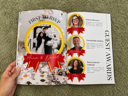 An open printed invitation or guest book spread being held by a hand, showing printed photos, red ribbon graphics, and text including 'FIRST TO RSVP' and 'GUEST AWARD.' The background is a textured green carpet.
