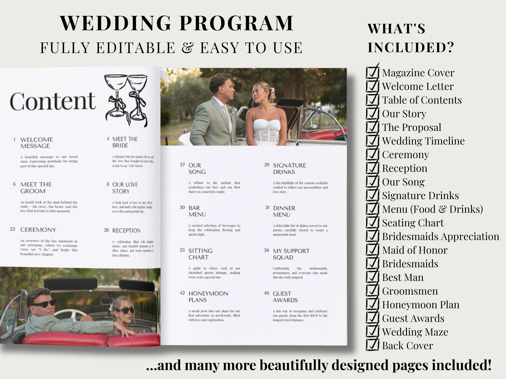 A promotional graphic for a wedding program template, showing three open-program pages with event text and a small wedding photo, plus marketing text reading 'WEDDING PROGRAM' and a checklist of included items on the right.