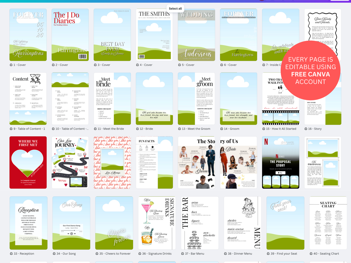 A collage grid showing many wedding invitation and stationery template pages, including receptions, menus, speeches, and invitation designs. A large red circular badge says 'EVERY PAGE IS EDITABLE USING FREE CANVA ACCOUNT.