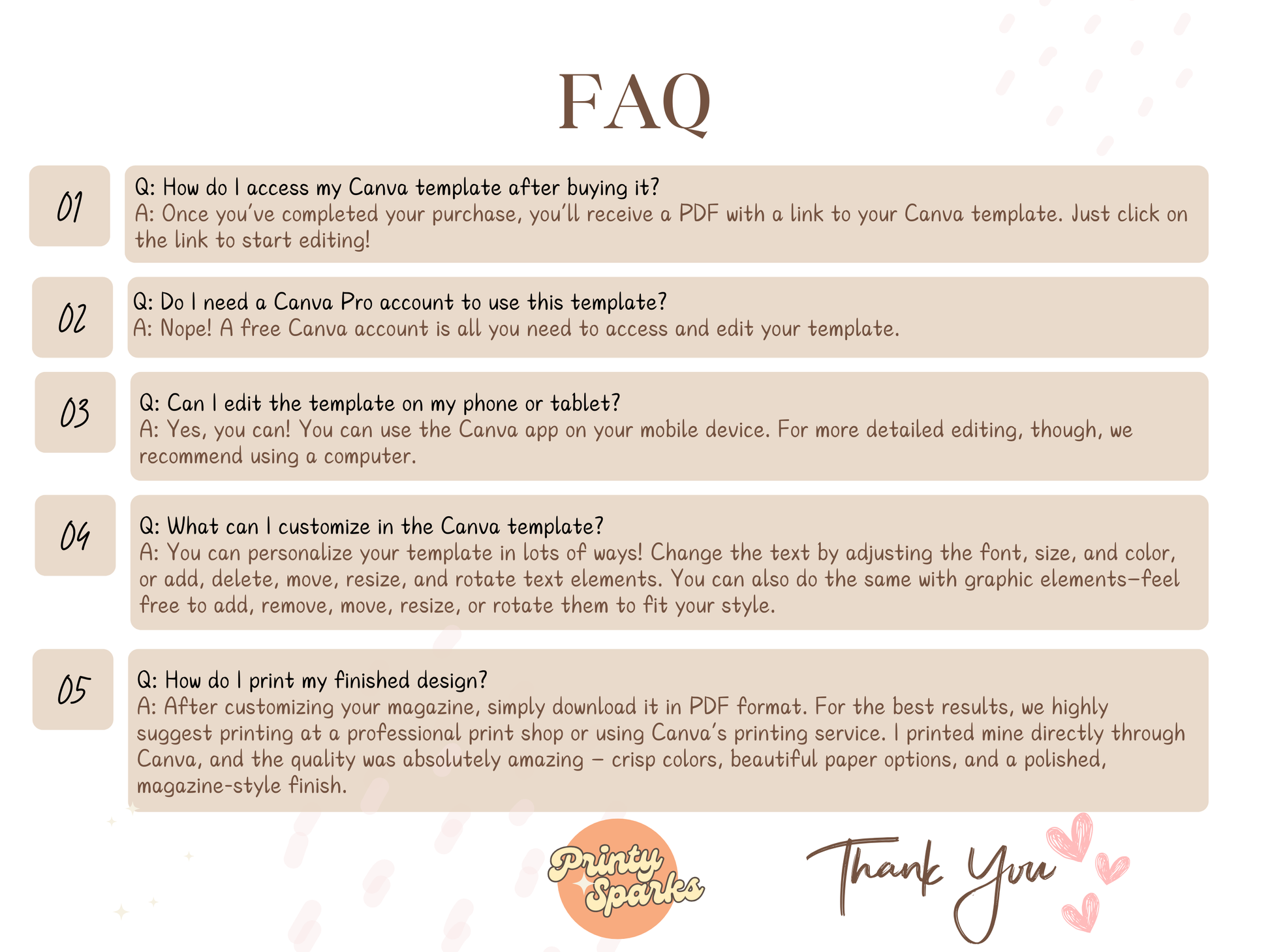 A FAQ infographic with five numbered questions and answers about accessing, editing, and printing a Canva template. The background is a soft beige with a subtle floral pattern, and the Canva logo is visible in the bottom right corner.