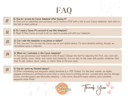 A FAQ infographic with five numbered questions and answers about accessing, editing, and printing a Canva template. The background is a soft beige with a subtle floral pattern, and the Canva logo is visible in the bottom right corner.