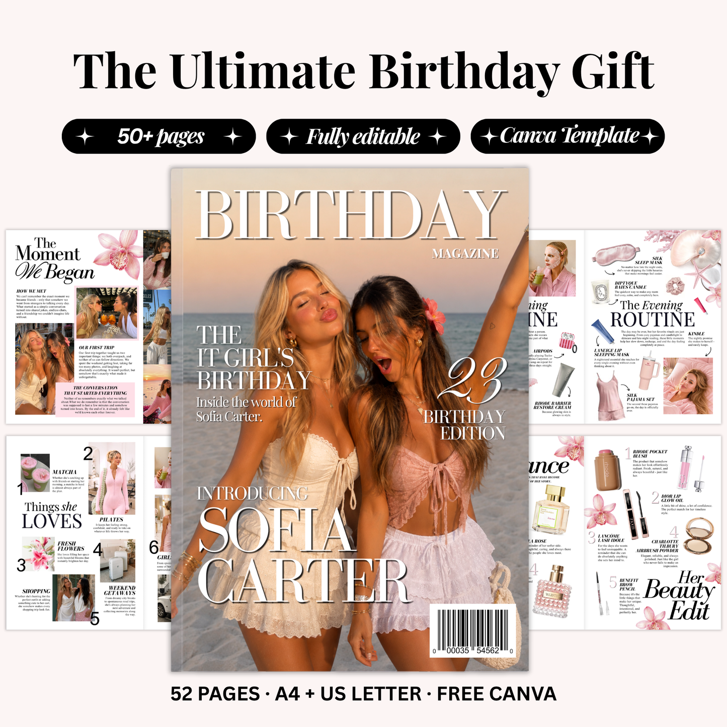 The 52-page birthday magazine template open in Canva, ready to edit