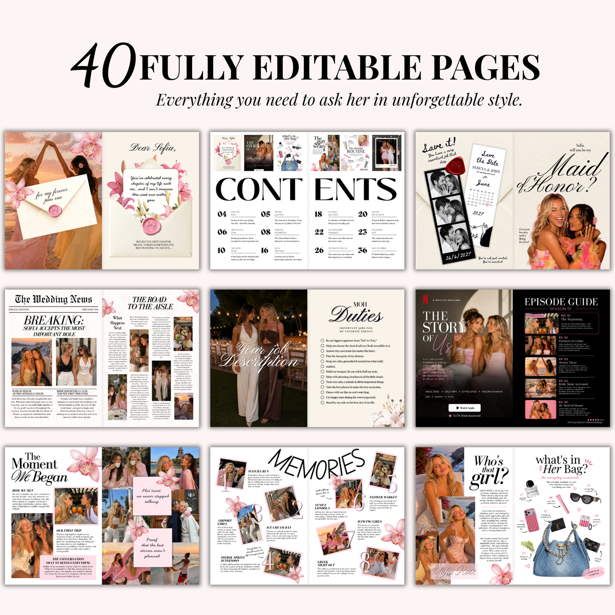 A grid of editable pages from the Maid of Honor proposal magazine template