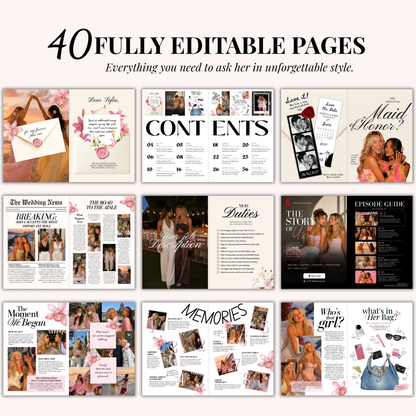 A grid of editable pages from the Maid of Honor proposal magazine template