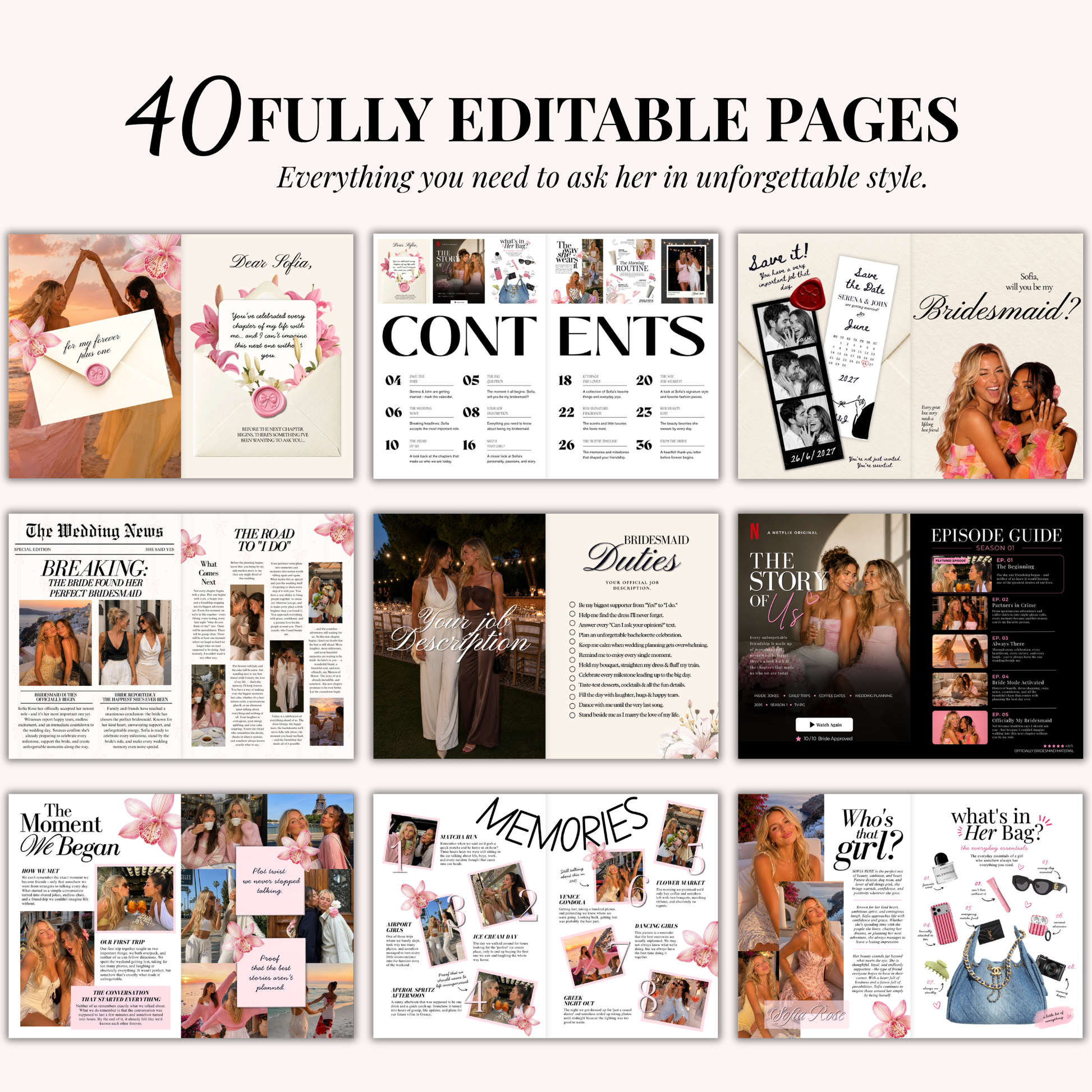 A grid of editable pages from the Bridesmaid proposal magazine template