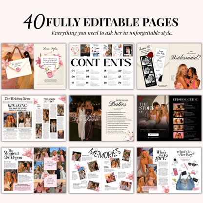 A grid of editable pages from the Bridesmaid proposal magazine template