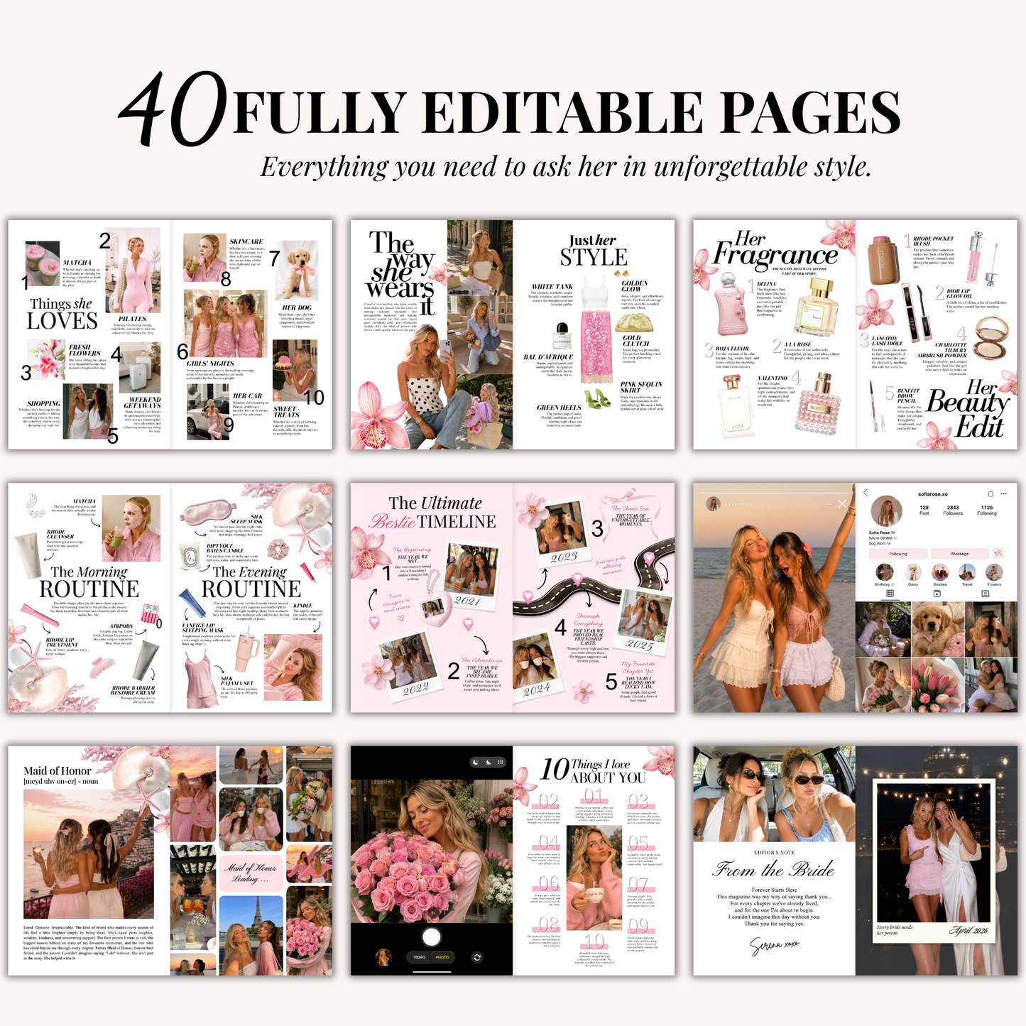 A grid of editable pages from the Maid of Honor proposal magazine template