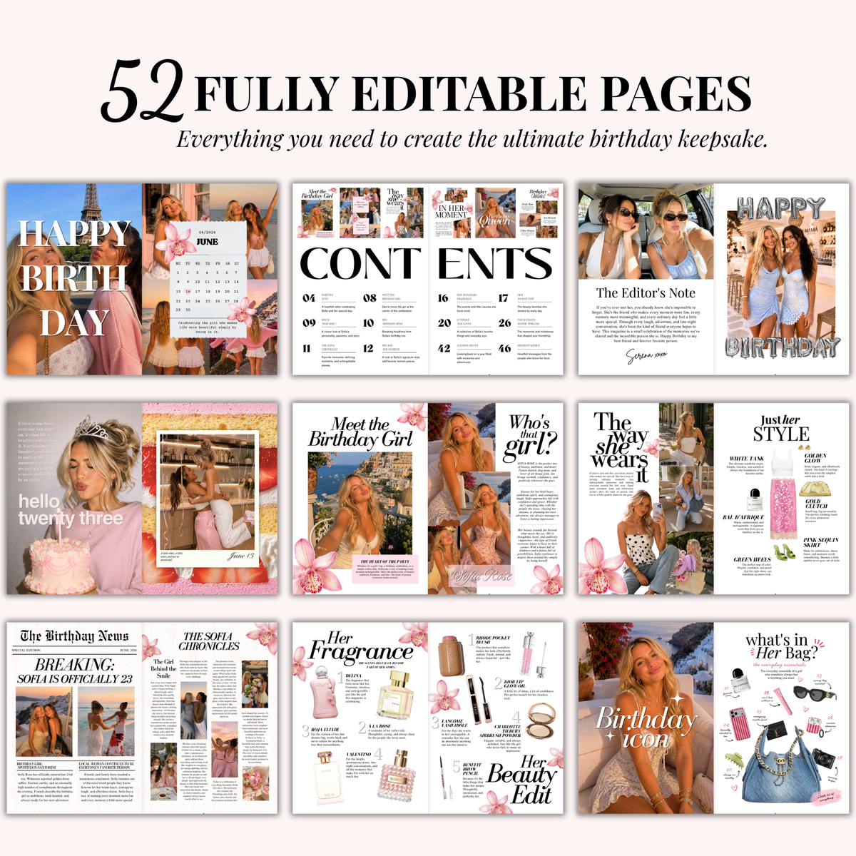 A grid of editable pages from the 52-page birthday magazine template
