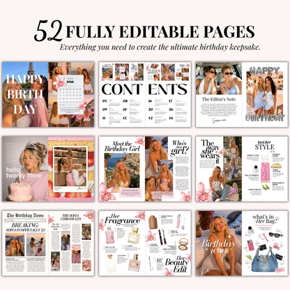 A grid of editable pages from the 52-page birthday magazine template