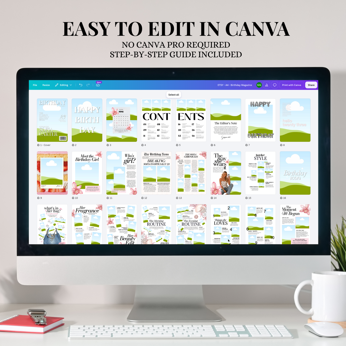 The 52-page birthday magazine template open in Canva, ready to edit