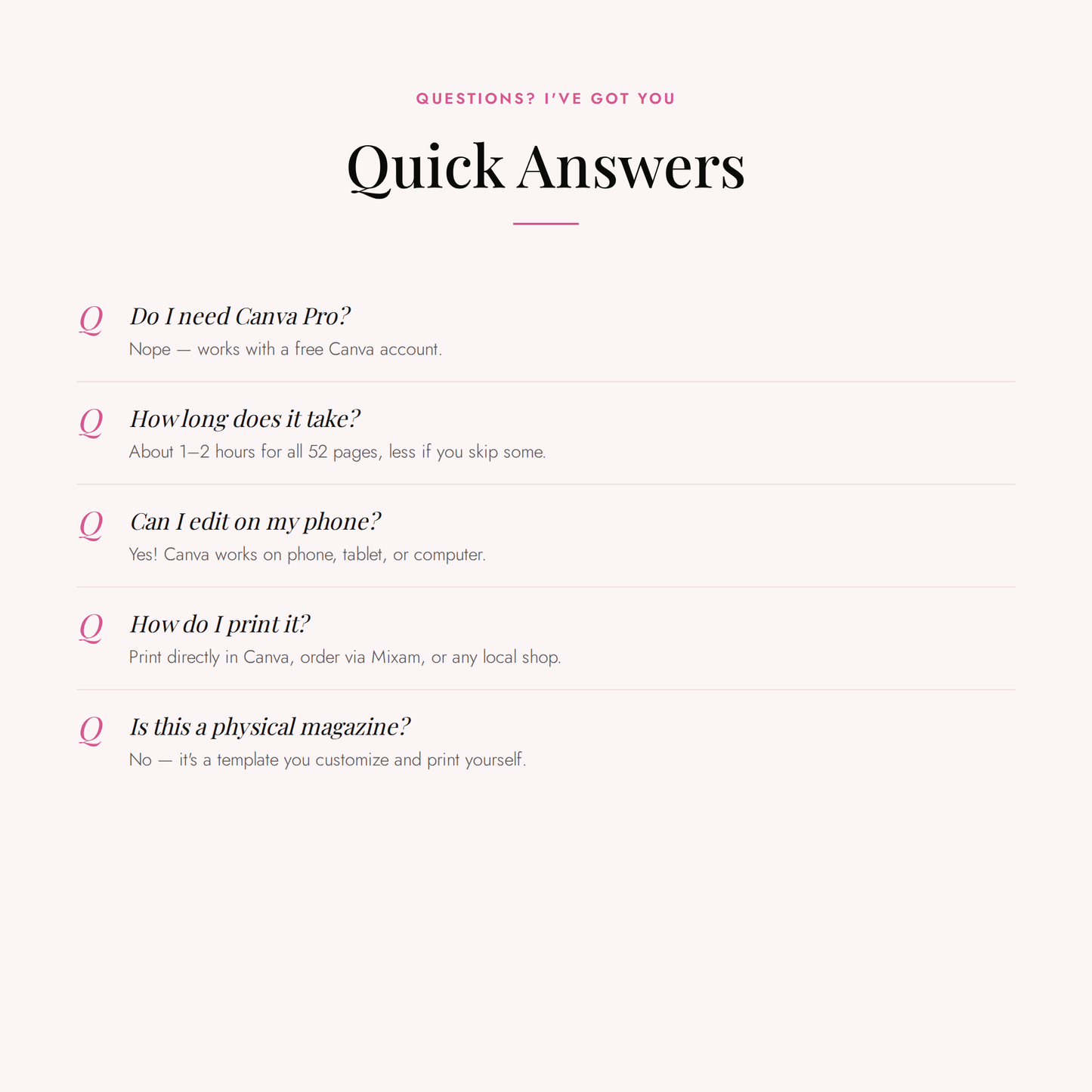 Frequently asked questions about the 52-page birthday magazine template