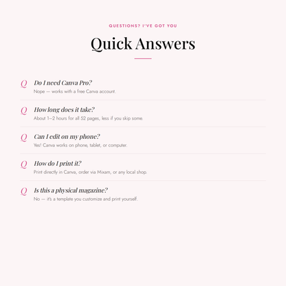 Frequently asked questions about the 52-page birthday magazine template