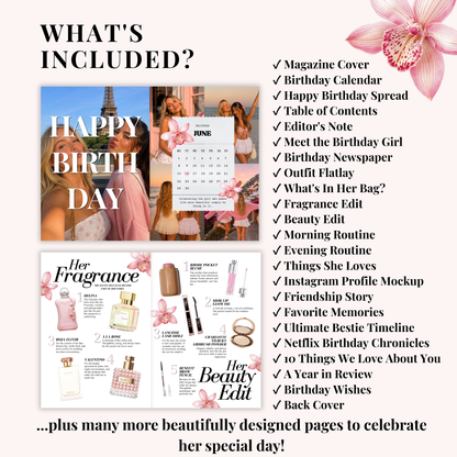 What is included with the 52-page birthday magazine template