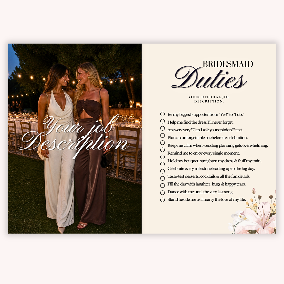 The duties job description spread from the Bridesmaid proposal magazine template