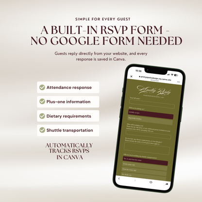 A smartphone showing an olive green 'Kindly Reply' RSVP form with questions about attendance, additional guests, dietary requirements and shuttle transportation. Text reads 'A Built-in RSVP Form – No Google Form Needed' and 'Automatically tracks RSVPs in Canva'.