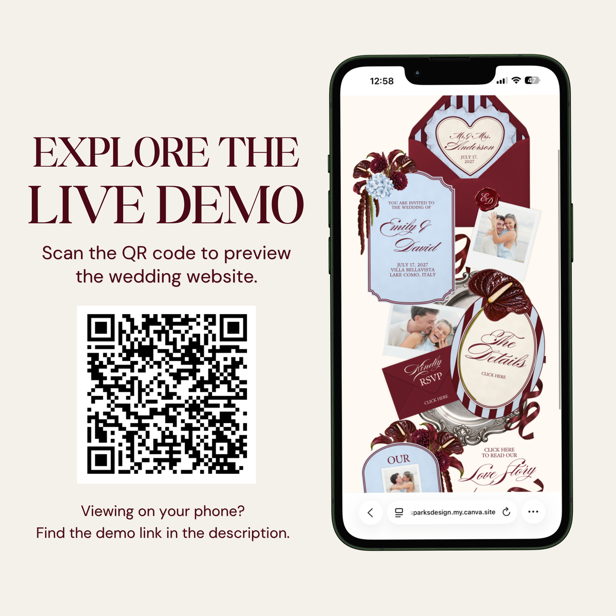 A smartphone displaying the main invitation page of a burgundy and dusty blue wedding website, with a heart-lined burgundy envelope, polaroid photos and a striped 'The Details' frame, beside a QR code. Text reads 'Explore the Live Demo' and 'Scan the QR code to preview the wedding website'.