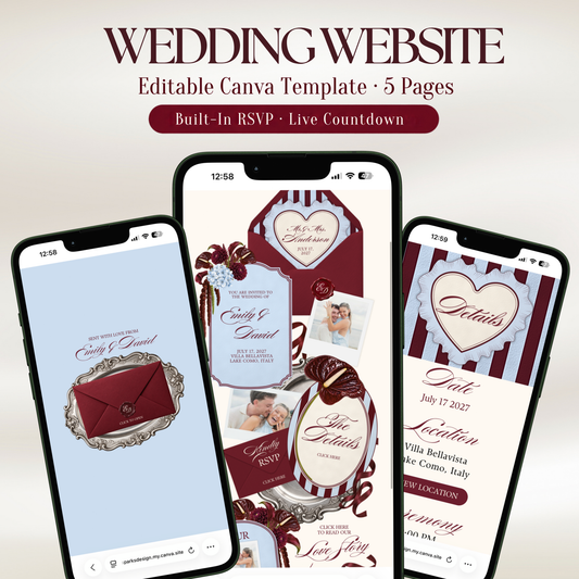 A digital mockup of a burgundy and dusty blue wedding website template on three smartphones, with a burgundy envelope on a silver tray, ruffled heart details and burgundy and blue florals. Text reads 'Wedding Website', 'Editable Canva Template · 5 Pages' and 'Built-In RSVP · Live Countdown'.