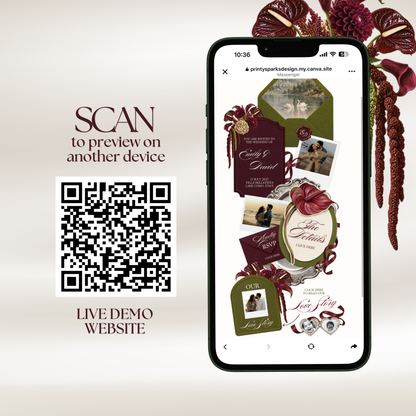 A smartphone displaying the main invitation page of a burgundy and olive wedding website, with an olive envelope, swan lake artwork, polaroid photos and a silver frame, beside a QR code and burgundy florals. Text reads 'Scan to preview on another device' and 'Live Demo Website'.