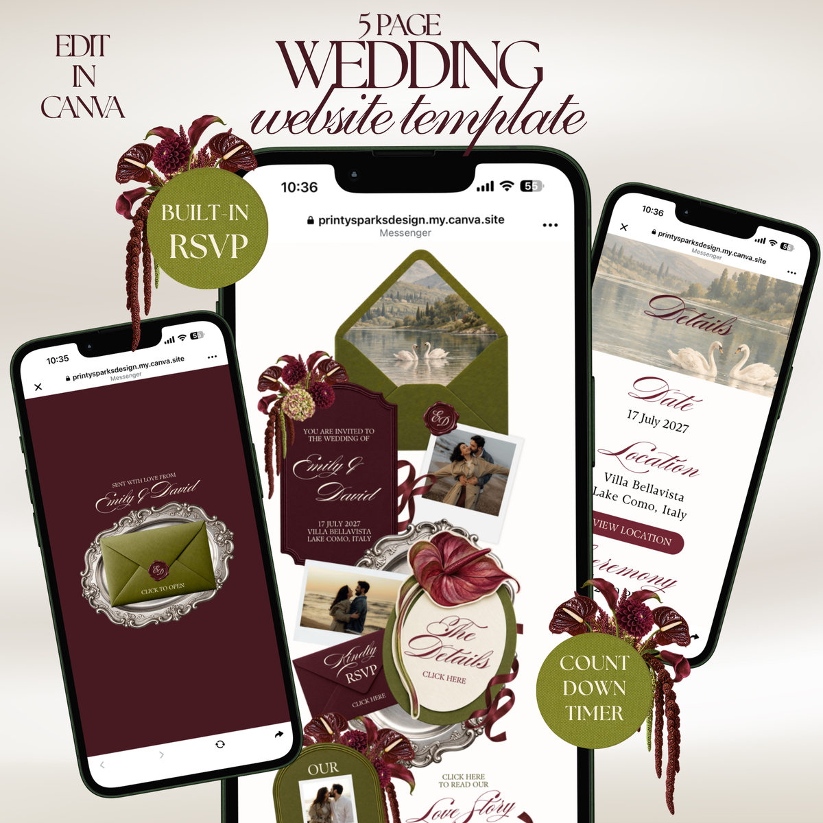 A digital mockup of a burgundy and olive wedding website template shown on three smartphones, with a click-to-open olive envelope, swans on a lake, and burgundy anthurium and dahlia florals. 