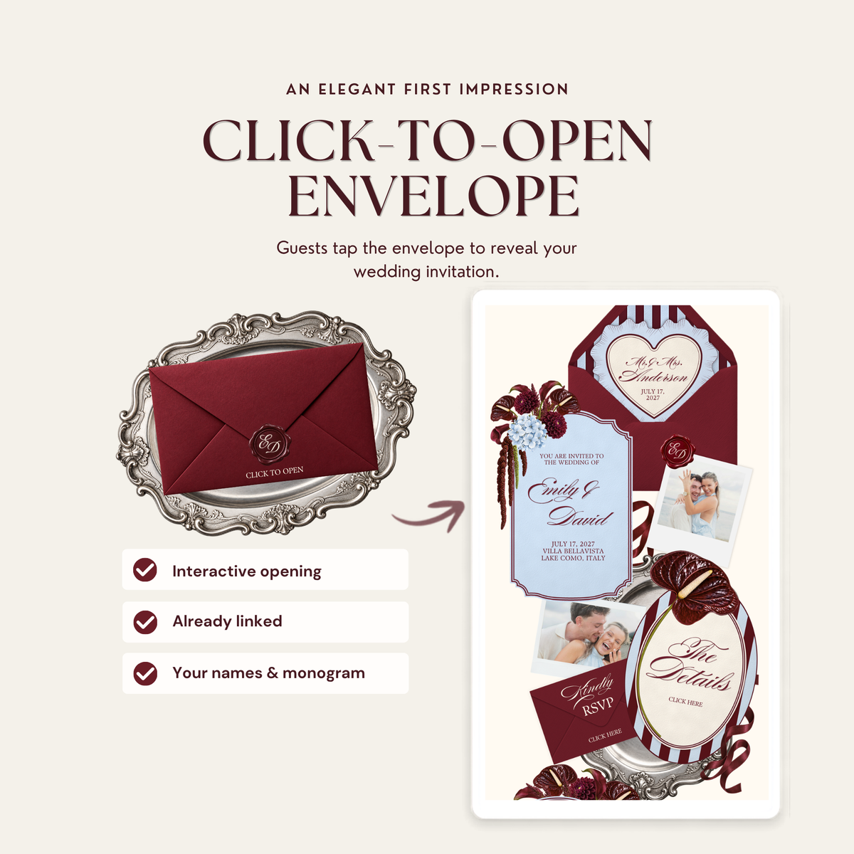 A burgundy envelope with a wax seal monogram resting on an ornate silver tray, with an arrow pointing to the opened invitation page with dusty blue stationery and a ruffled heart. Text reads 'Click-to-Open Envelope', 'Interactive opening', 'Already linked' and 'Your names & monogram'.
