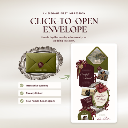 An olive green envelope with a burgundy wax seal monogram resting on an ornate silver tray, with an arrow pointing to the opened wedding invitation page. Text reads 'Click-to-Open Envelope', 'Interactive opening', 'Already linked' and 'Your names & monogram'.