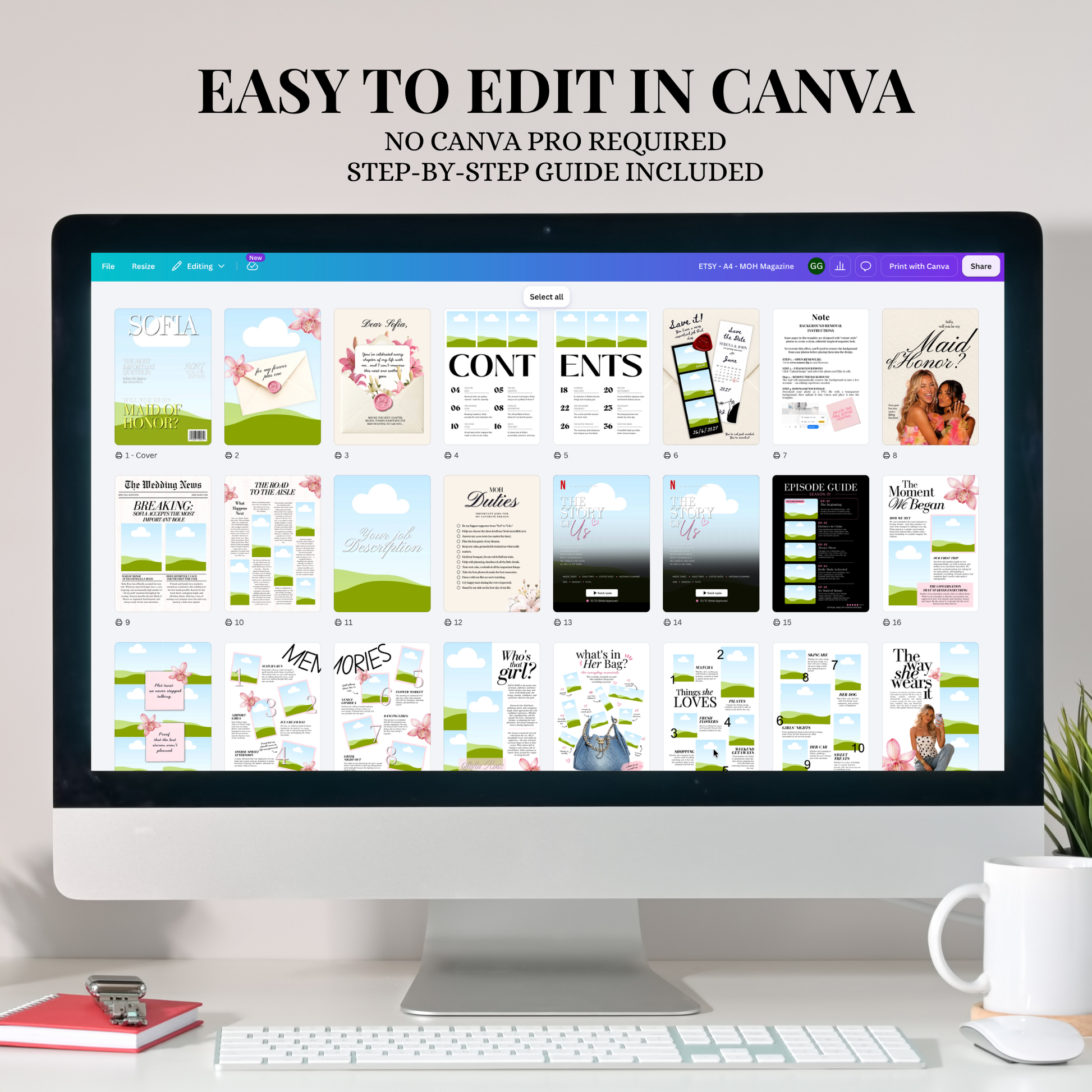 The Maid of Honor proposal magazine template open in Canva, ready to edit