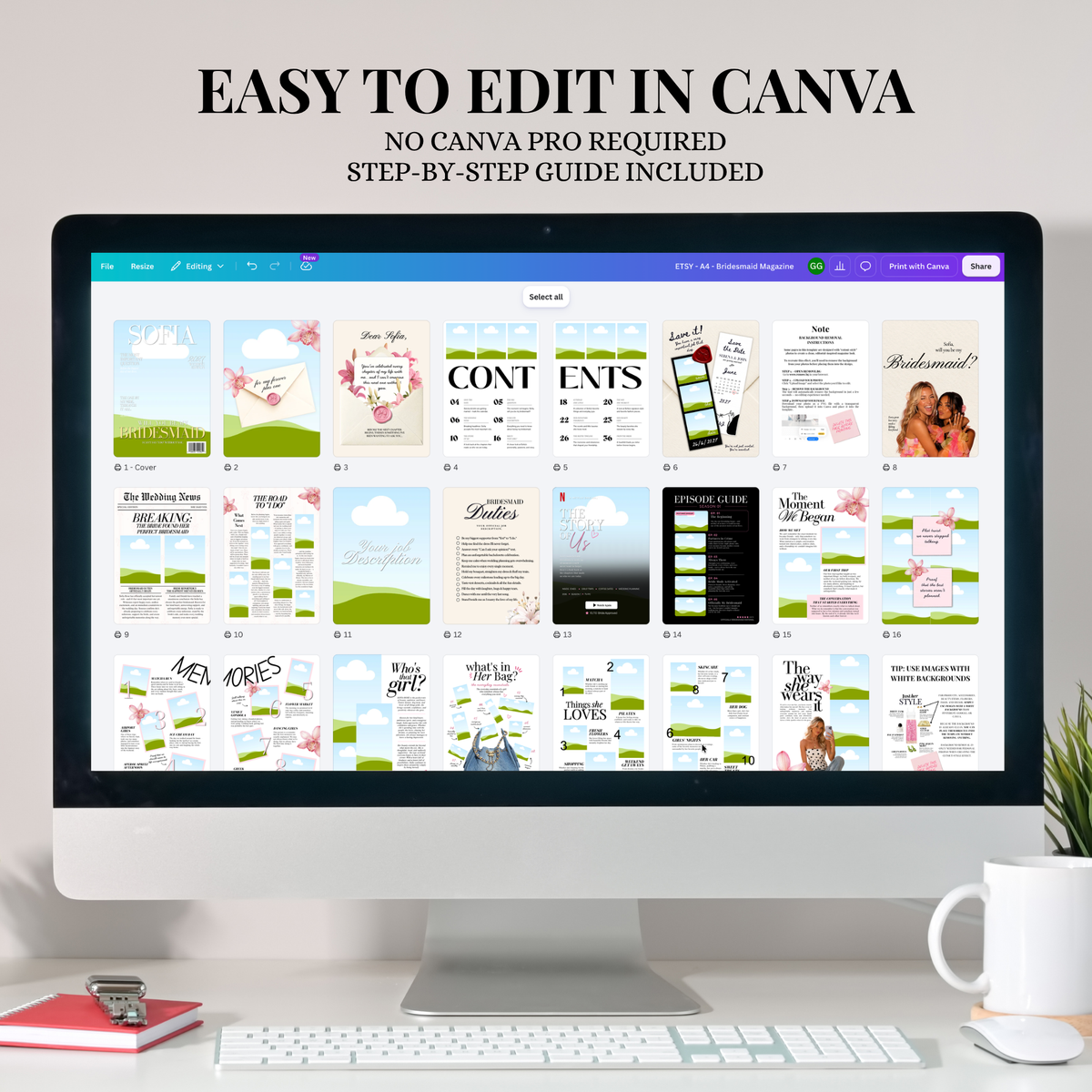 The Bridesmaid proposal magazine template open in Canva, ready to edit