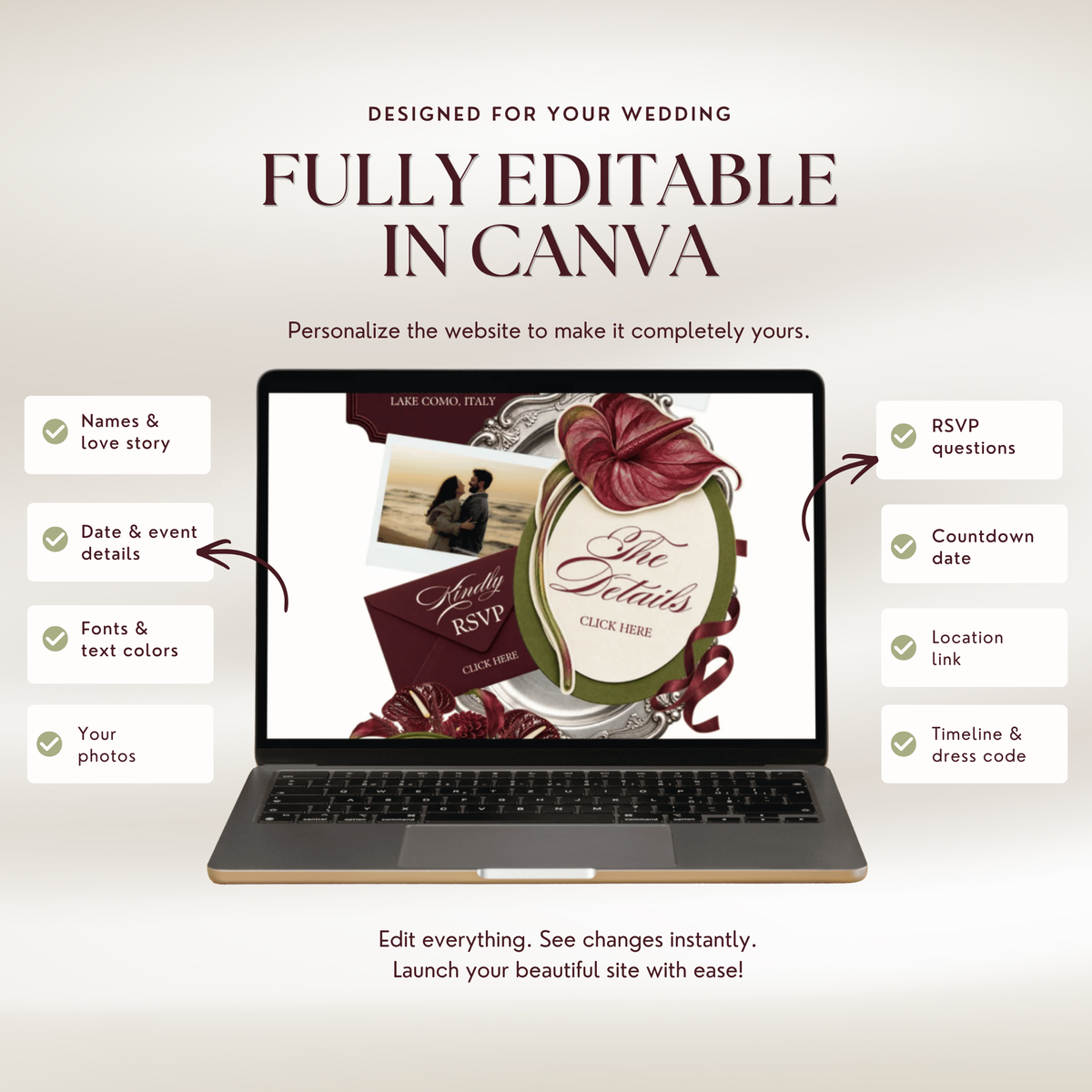A laptop showing the burgundy and olive wedding website with an anthurium-topped 'The Details' button, a 'Kindly RSVP' envelope and a polaroid photo, surrounded by feature labels. Text reads 'Fully Editable in Canva', 'Names & love story', 'Your photos', 'RSVP questions' and 'Countdown date'.