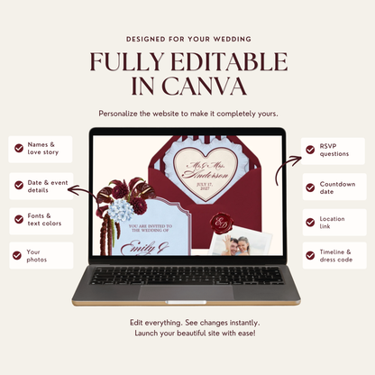 A laptop showing the burgundy and dusty blue wedding website with a 'Mr. & Mrs. Anderson' heart in a burgundy envelope, a wax seal and blue hydrangeas, surrounded by feature labels. Text reads 'Fully Editable in Canva', 'Names & love story', 'Your photos', 'RSVP questions' and 'Countdown date'.
