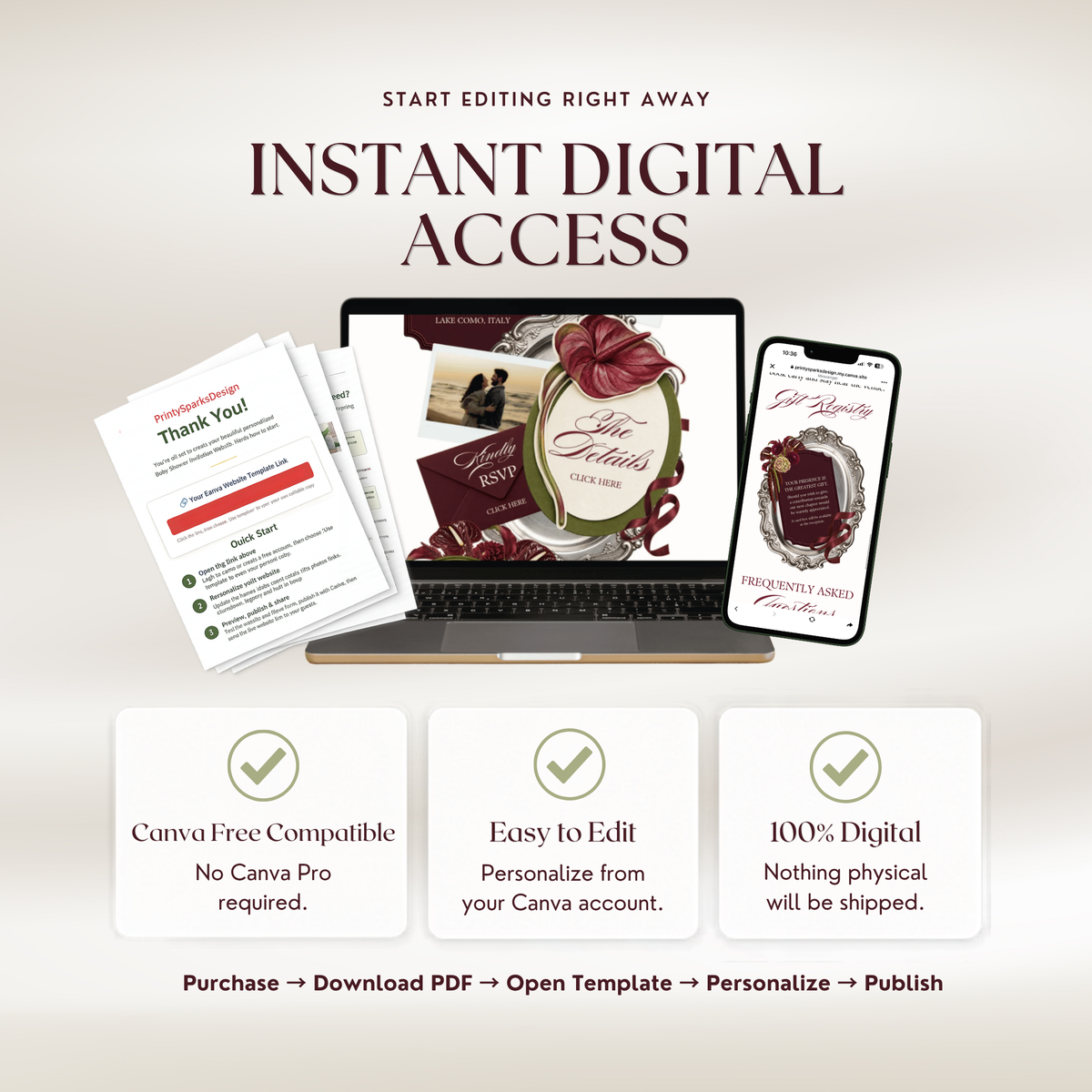 A stack of PDF guide pages beside a laptop showing the wedding website's 'The Details' page and a smartphone showing the gift registry page. Text reads 'Instant Digital Access', 'Canva Free Compatible', 'Easy to Edit' and '100% Digital – Nothing physical will be shipped'.